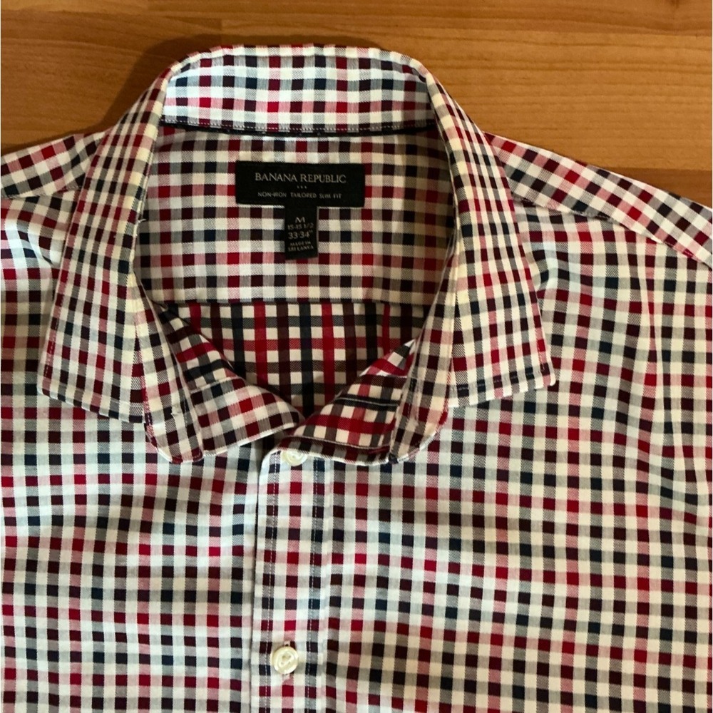 Banana Republic Non Iron Slim Fit Shirt Mens Medium Red Ivory Gingham Check